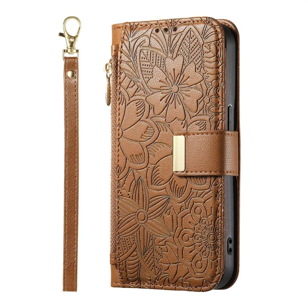 For Xiaomi 17 Pro Max Flowers Leaves Zipper Wallet Leather Phone Case with Strap(Brown)