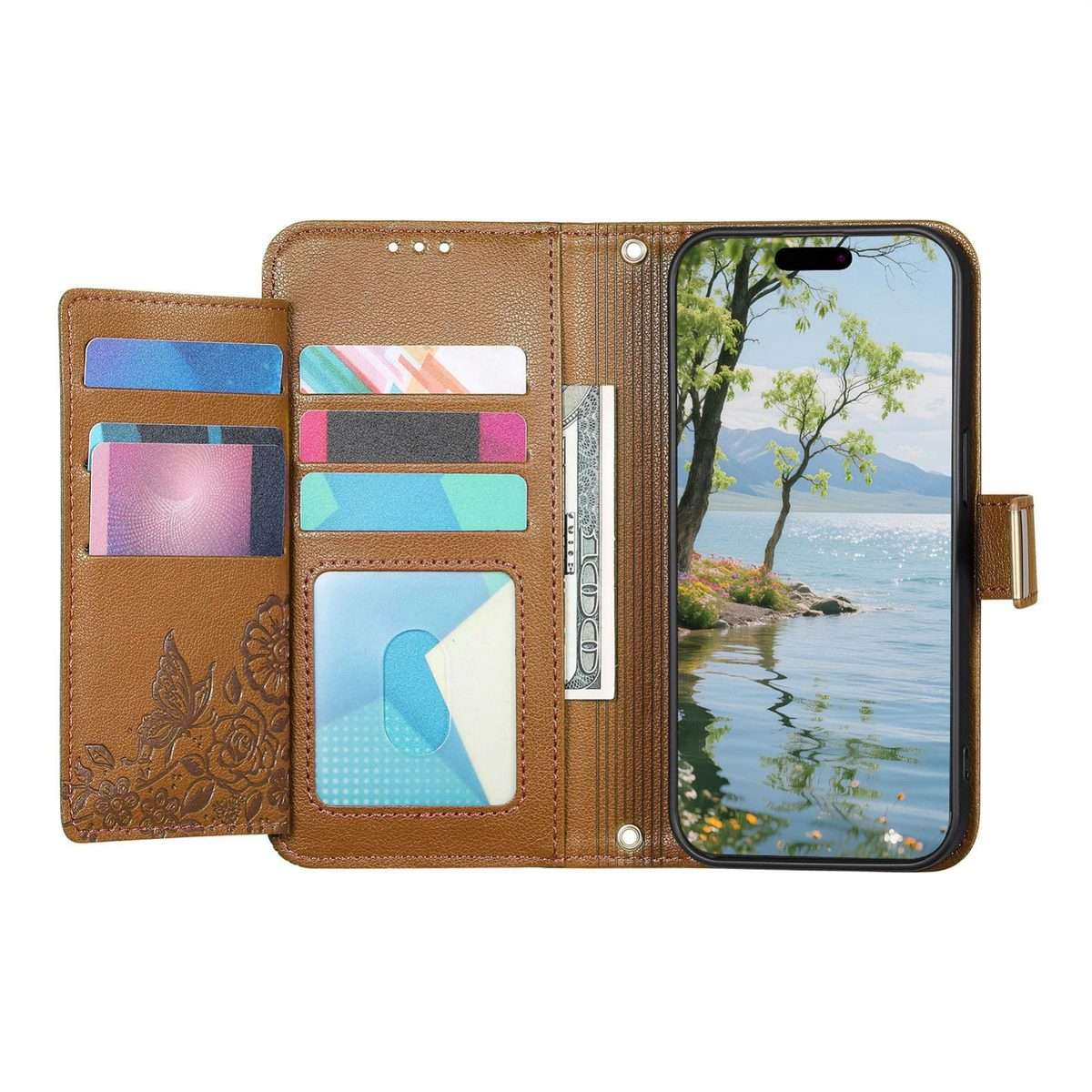 For Xiaomi 17 Pro Max Flowers Leaves Zipper Wallet Leather Phone Case with Strap(Brown)