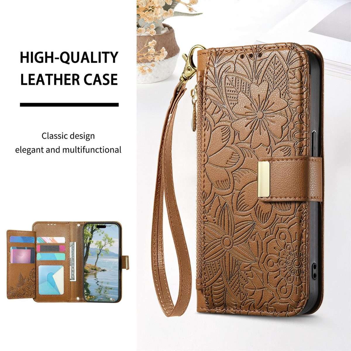 For Xiaomi 17 Pro Max Flowers Leaves Zipper Wallet Leather Phone Case with Strap(Brown)