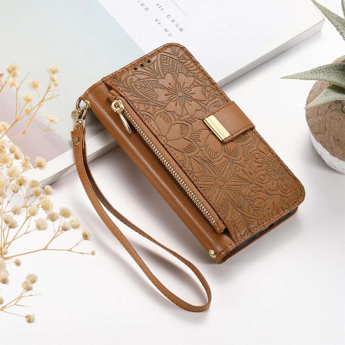 For Xiaomi 17 Pro Max Flowers Leaves Zipper Wallet Leather Phone Case with Strap(Brown)