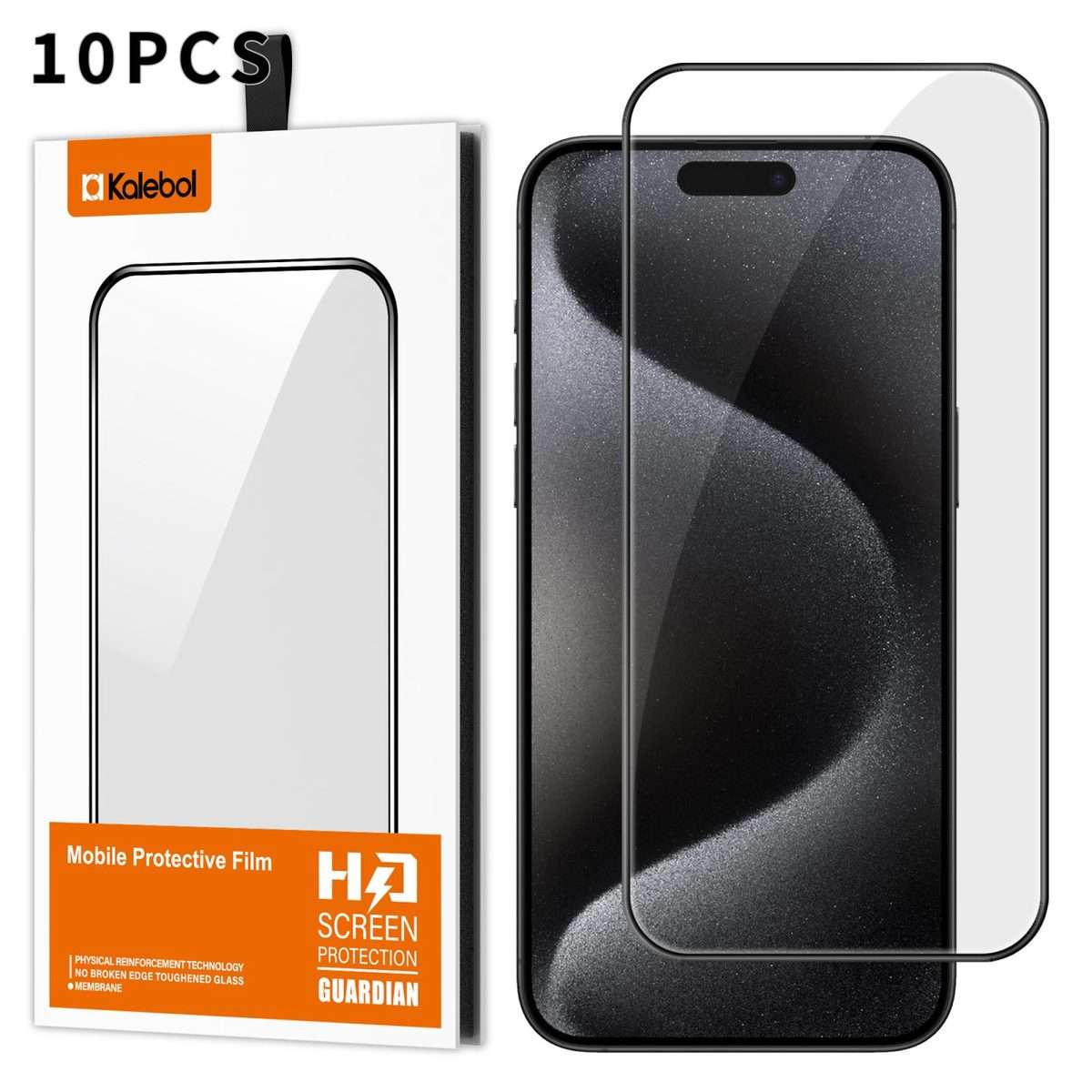For iPhone 15 Pro Max 10pcs Kalebol High-Aluminum Screen-Printed Full-Coverage Anti-Fingerprint Bl