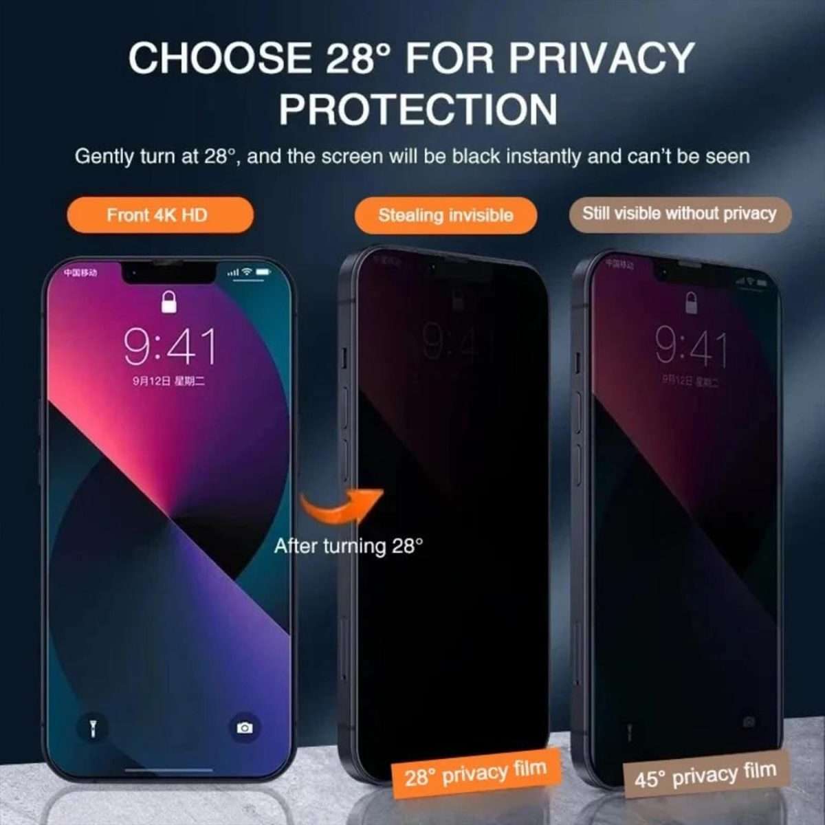 For iPhone 13 Pro Max Kalebol High-Aluminum Screen-Printed Full-Coverage Black-Border Privacy Temp