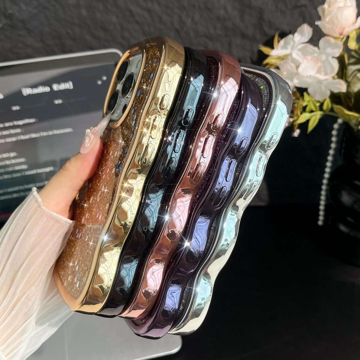 For iPhone 14 Wave Glitter Sequined Electroplated Phone Case(Green)