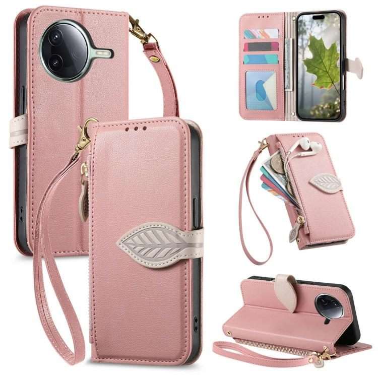 For Redmi K80 / Poco F7 Pro Leaf Buckle Zipper Wallet Leather Phone Case with Strap(Pink)