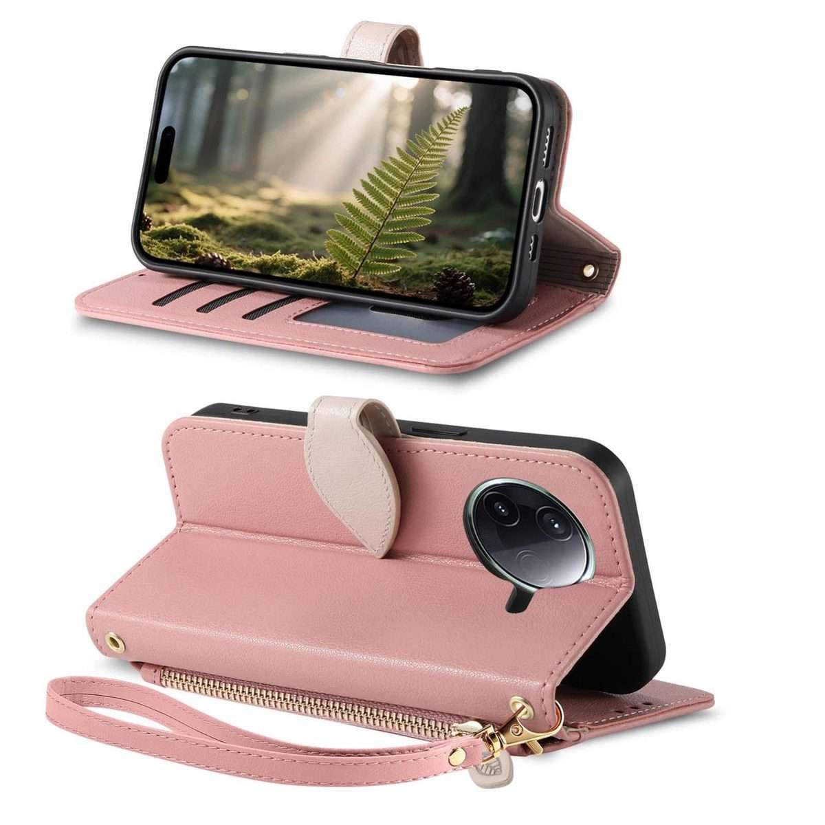 For Redmi K80 / Poco F7 Pro Leaf Buckle Zipper Wallet Leather Phone Case with Strap(Pink)