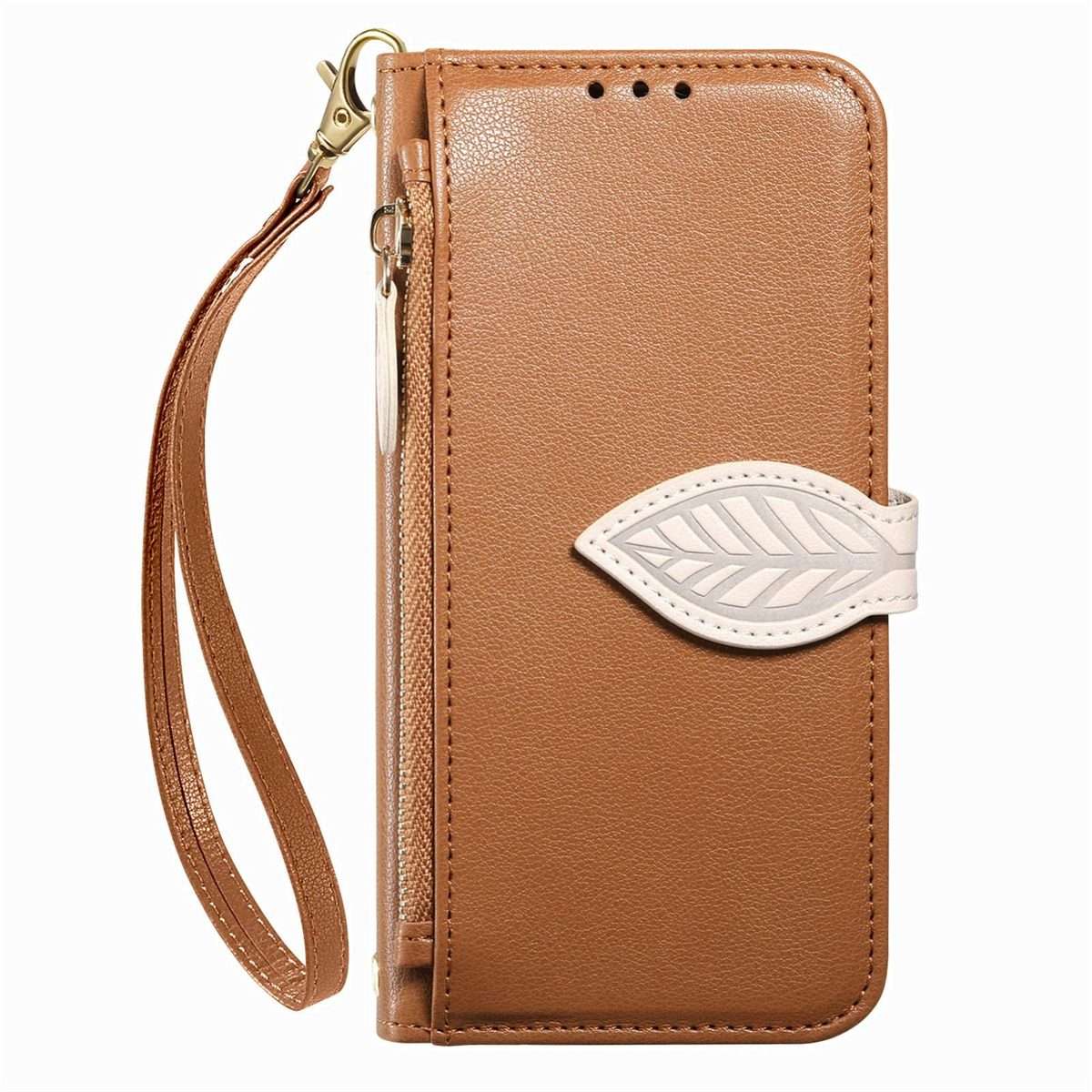 For Xiaomi 17 Pro Max Leaf Buckle Zipper Wallet Leather Phone Case with Strap(Brown)