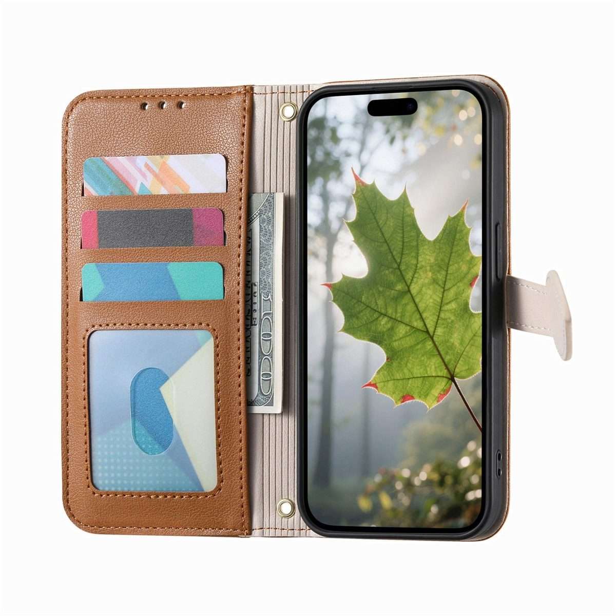 For Xiaomi 17 Pro Max Leaf Buckle Zipper Wallet Leather Phone Case with Strap(Brown)