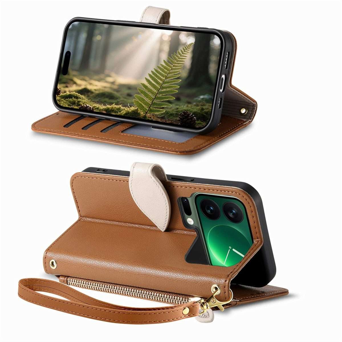 For Xiaomi 17 Pro Max Leaf Buckle Zipper Wallet Leather Phone Case with Strap(Brown)