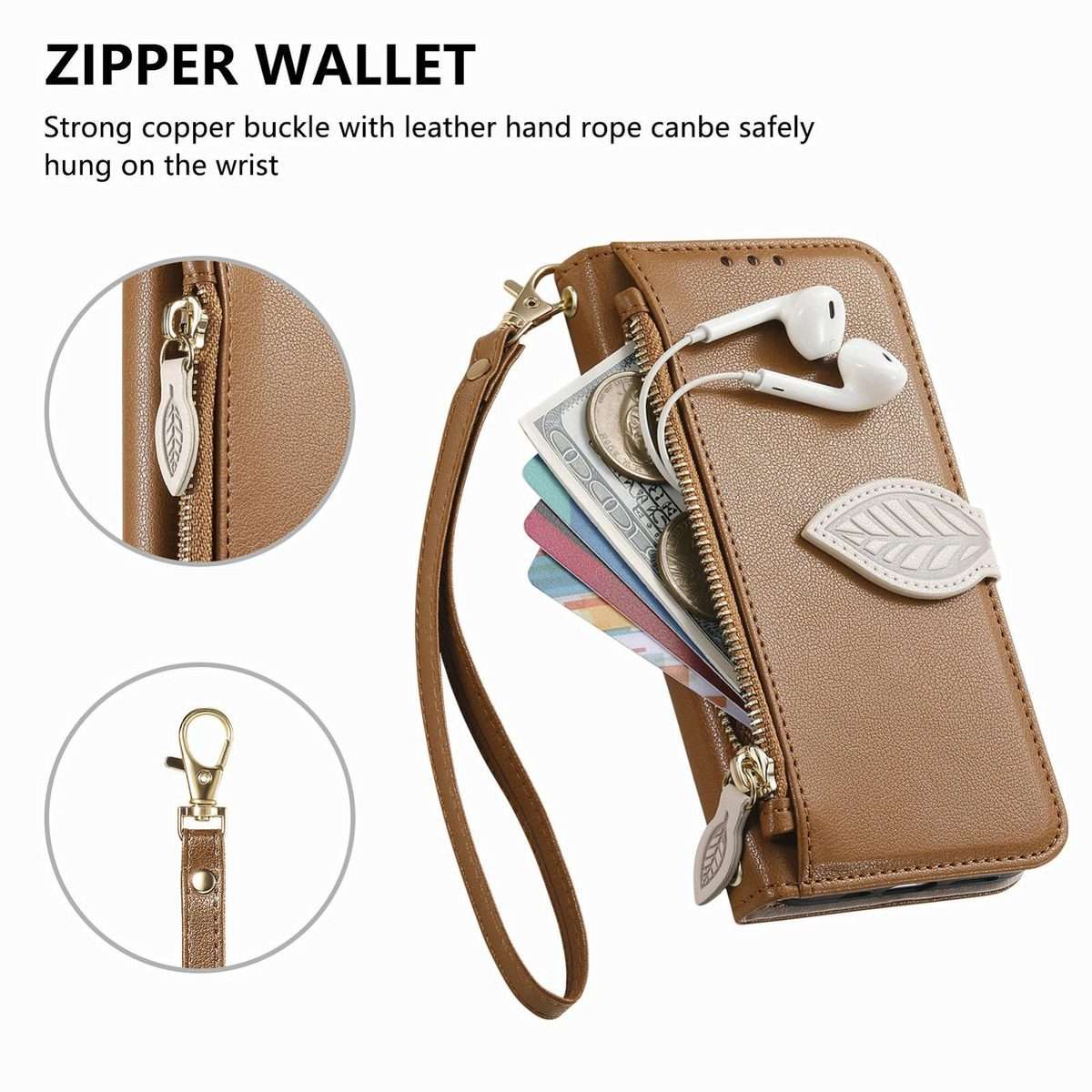 For Xiaomi 17 Pro Max Leaf Buckle Zipper Wallet Leather Phone Case with Strap(Brown)
