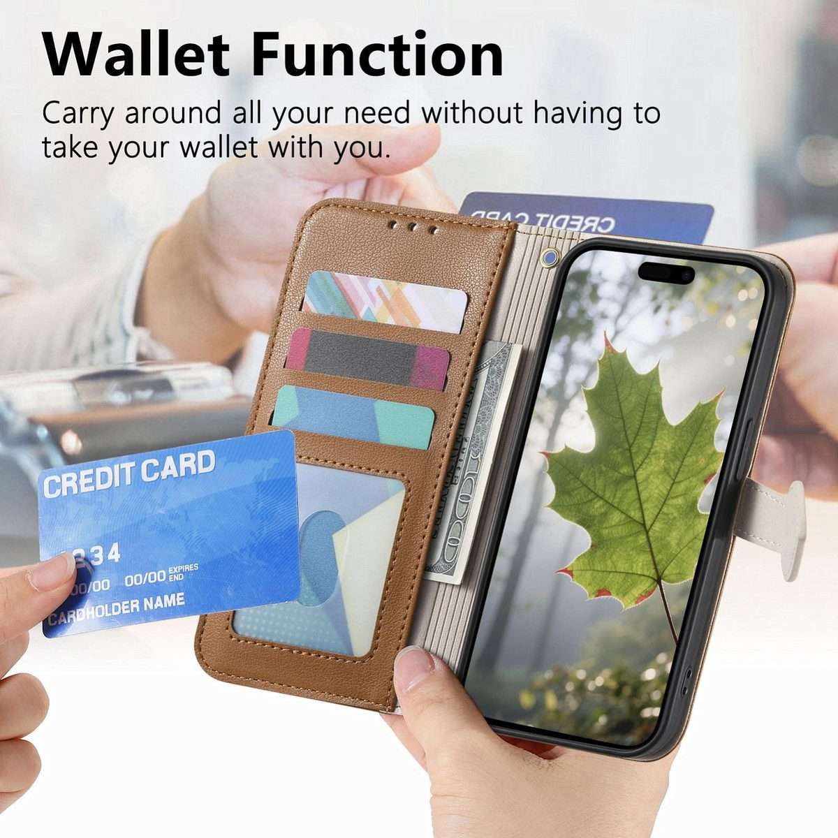 For Xiaomi 17 Pro Max Leaf Buckle Zipper Wallet Leather Phone Case with Strap(Brown)