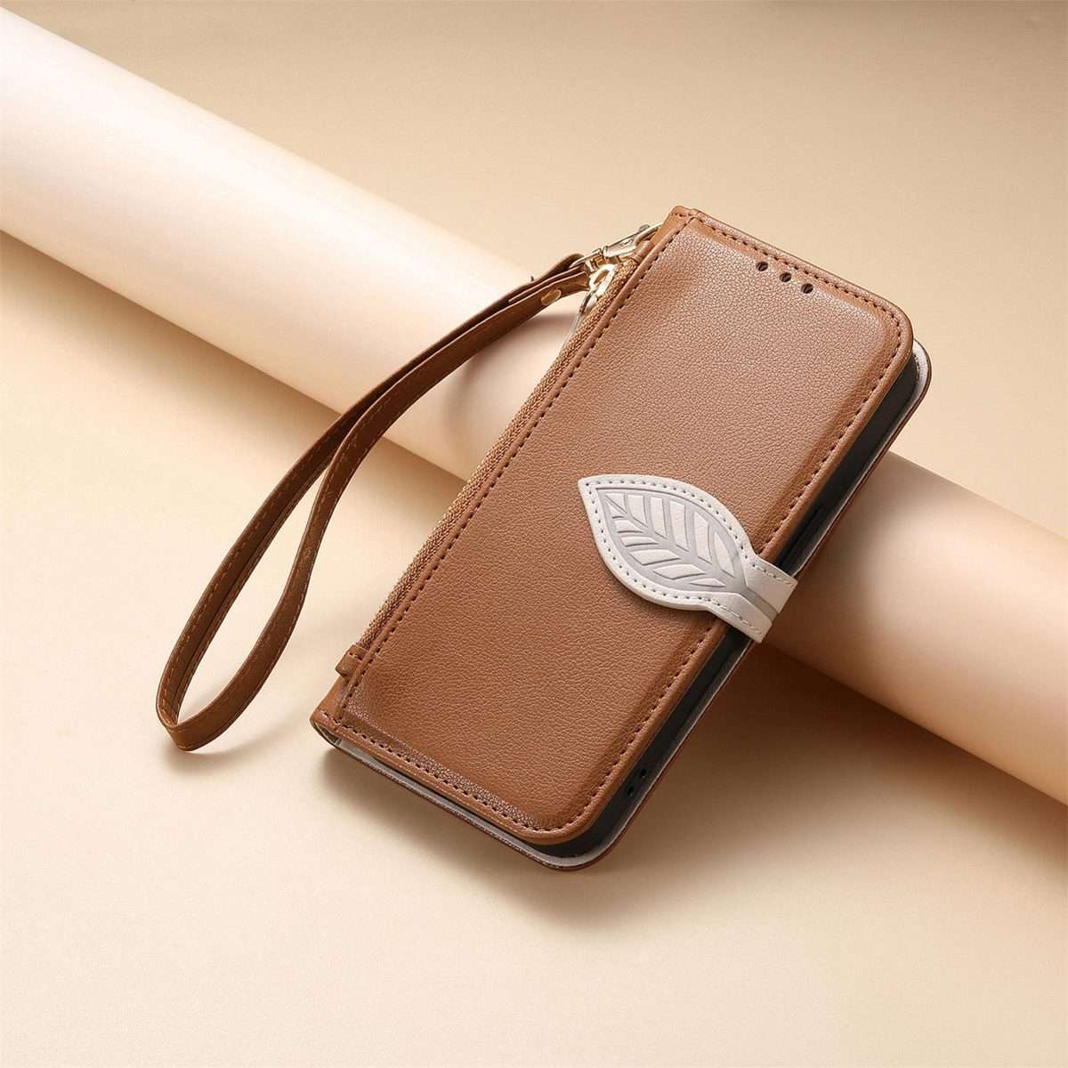 For Xiaomi 17 Pro Max Leaf Buckle Zipper Wallet Leather Phone Case with Strap(Brown)