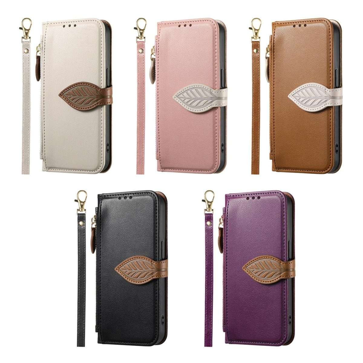 For Xiaomi 17 Pro Max Leaf Buckle Zipper Wallet Leather Phone Case with Strap(Brown)