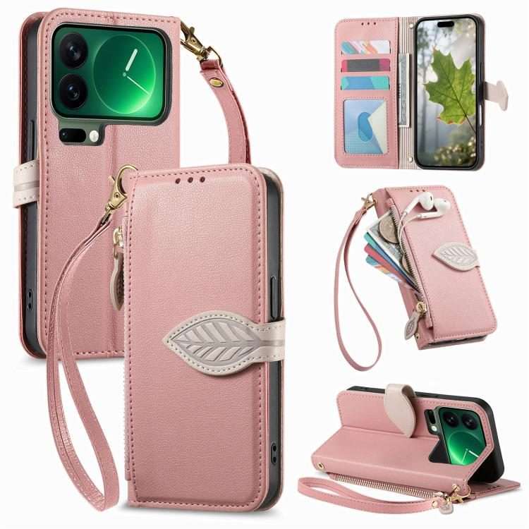 For Xiaomi 17 Pro Max Leaf Buckle Zipper Wallet Leather Phone Case with Strap(Pink)