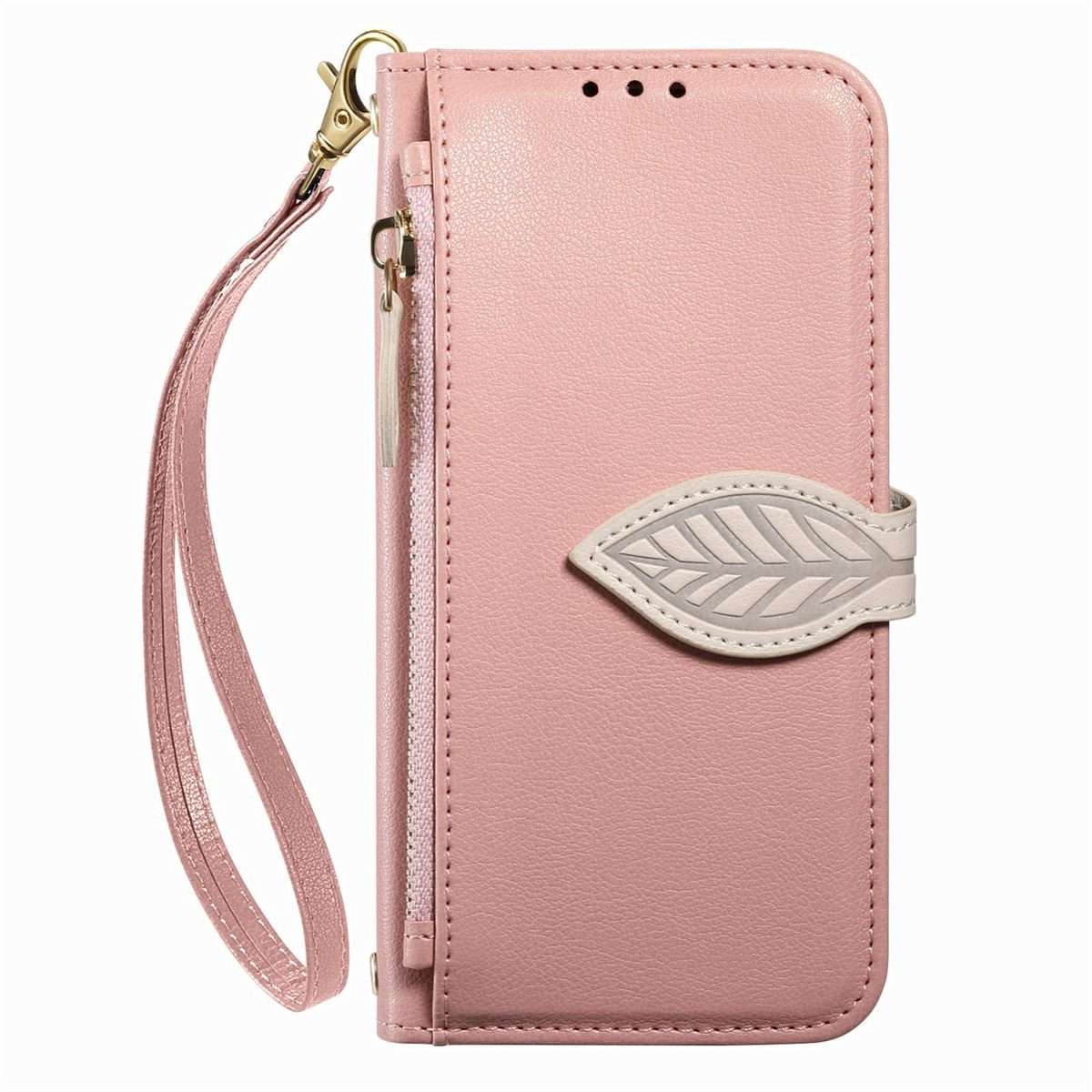 For Xiaomi 17 Pro Max Leaf Buckle Zipper Wallet Leather Phone Case with Strap(Pink)