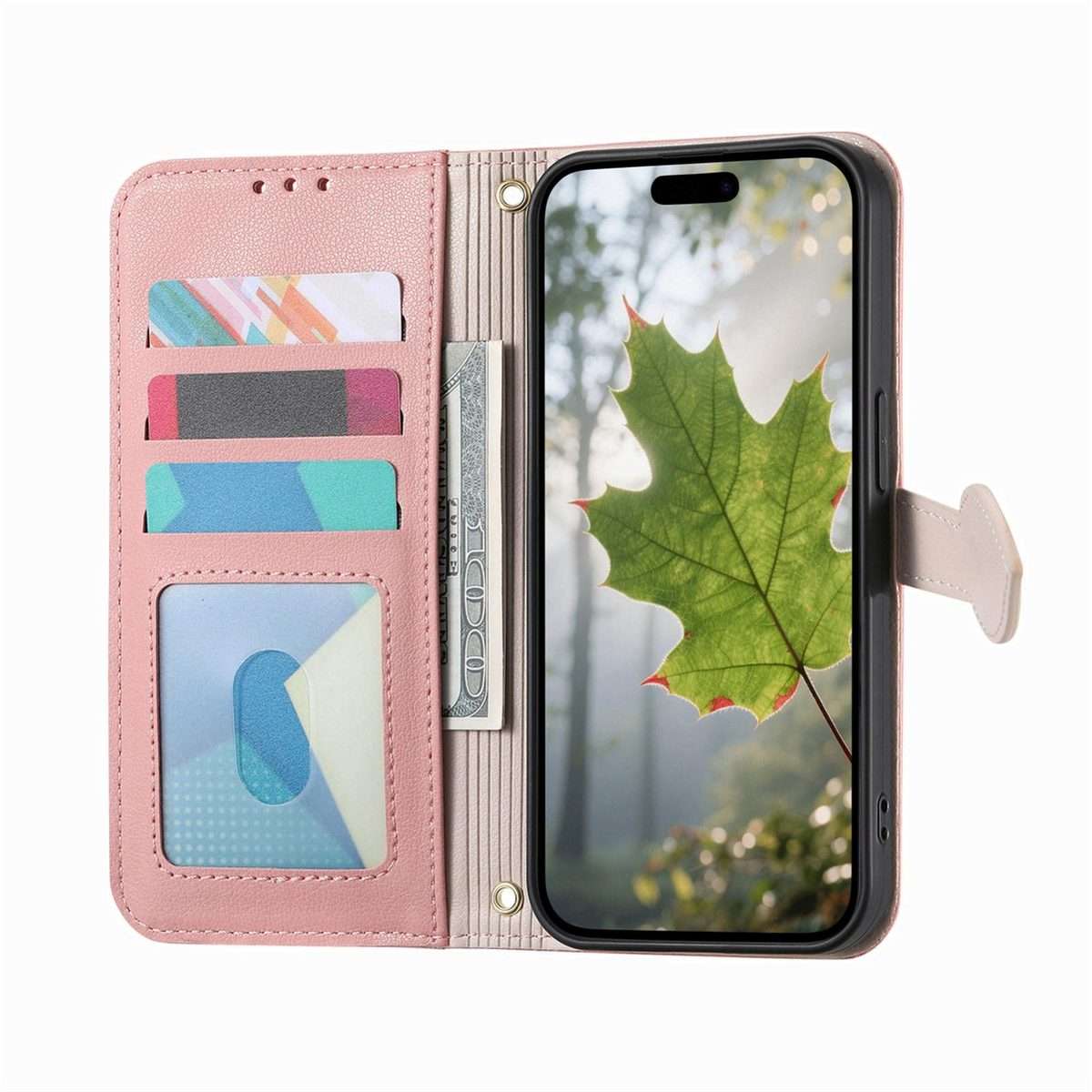 For Xiaomi 17 Pro Max Leaf Buckle Zipper Wallet Leather Phone Case with Strap(Pink)
