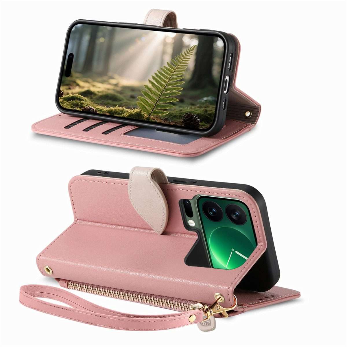 For Xiaomi 17 Pro Max Leaf Buckle Zipper Wallet Leather Phone Case with Strap(Pink)