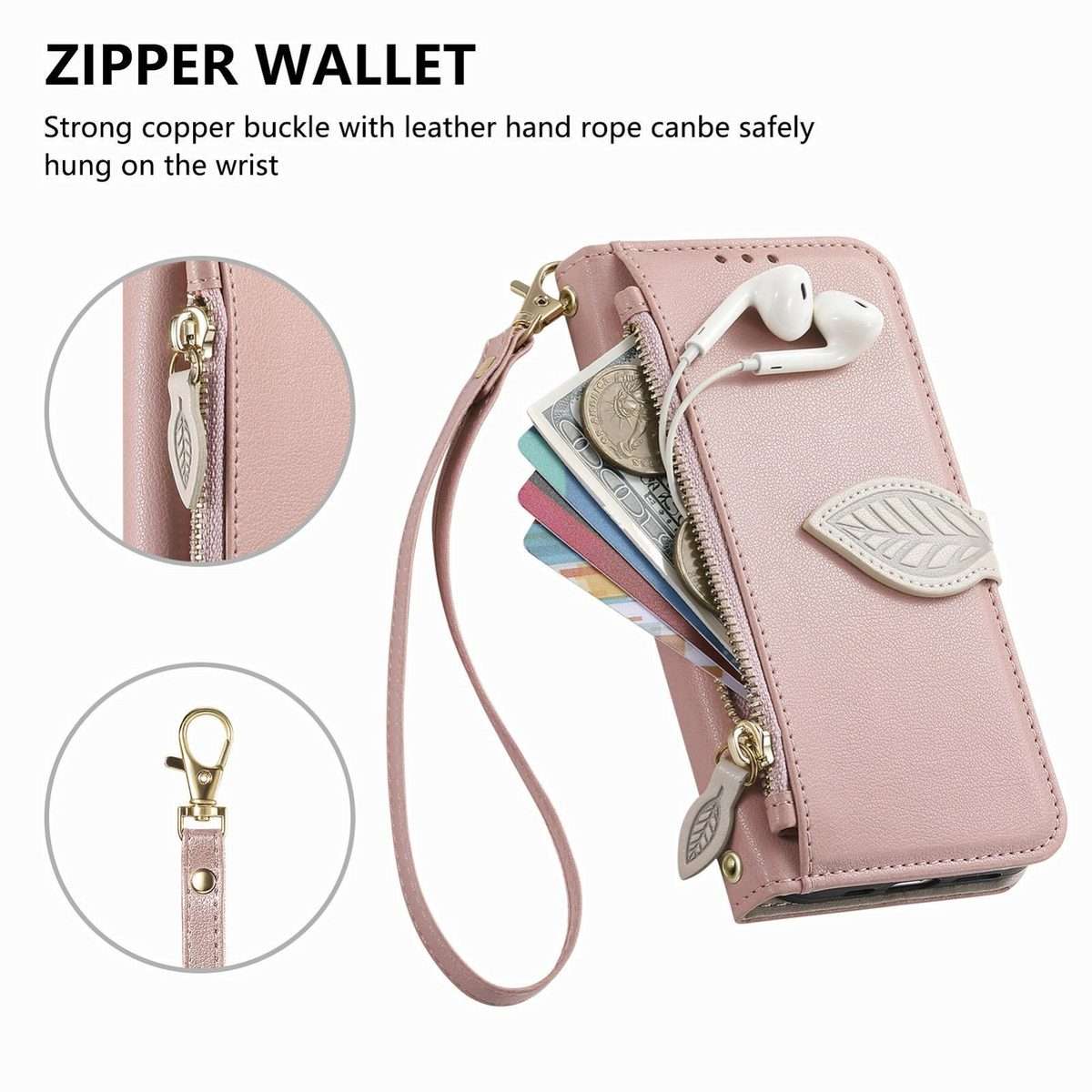 For Xiaomi 17 Pro Max Leaf Buckle Zipper Wallet Leather Phone Case with Strap(Pink)
