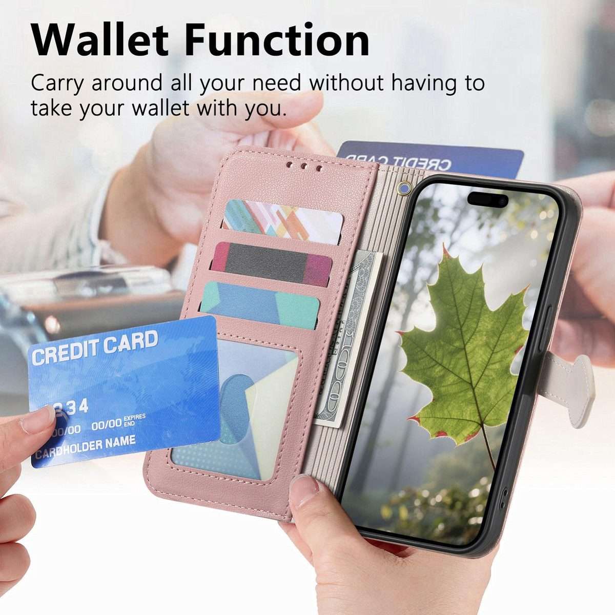 For Xiaomi 17 Pro Max Leaf Buckle Zipper Wallet Leather Phone Case with Strap(Pink)
