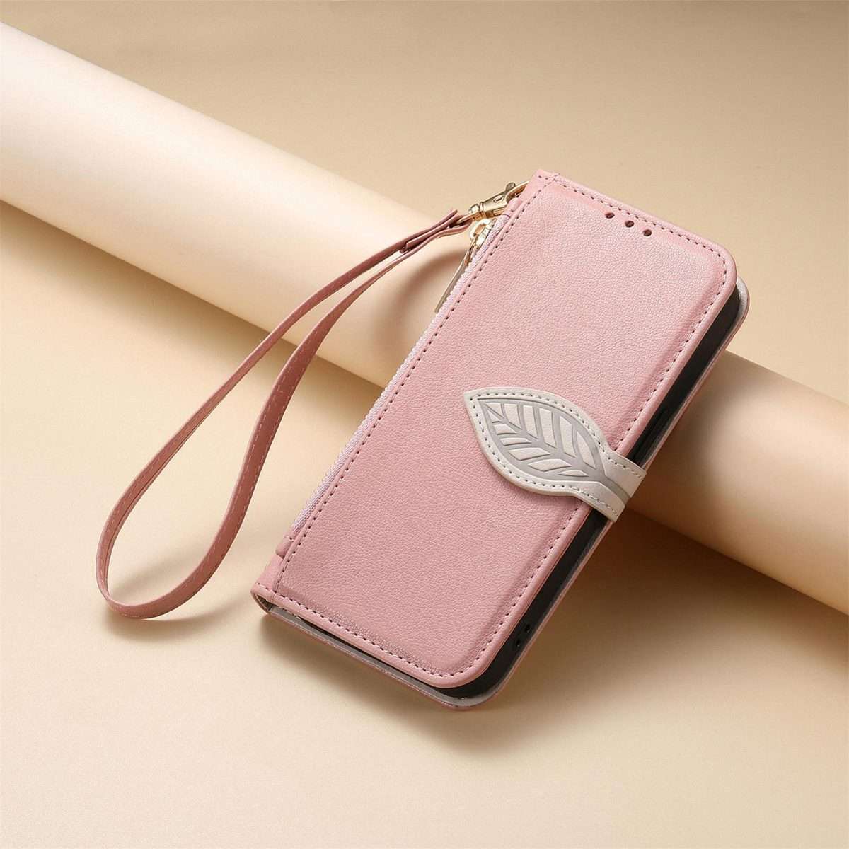 For Xiaomi 17 Pro Max Leaf Buckle Zipper Wallet Leather Phone Case with Strap(Pink)