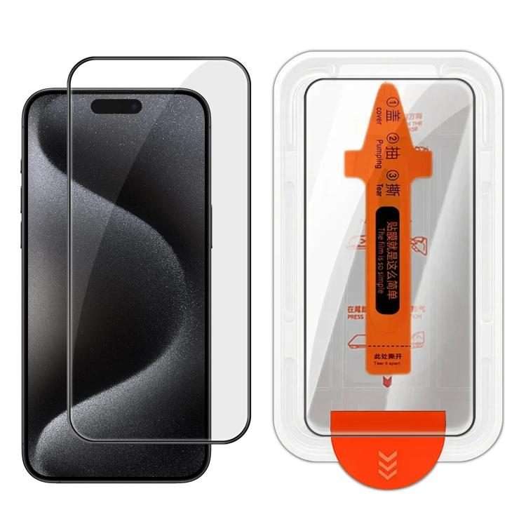 For iPhone 15 Pro Easy Install Box Dust-Free Clear Screen-printed HD Tempered Glass Film