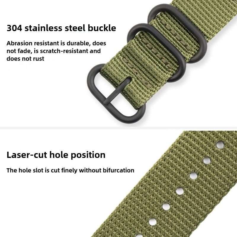 18mm Dual Ring Black Buckle Single Color Nylon Watch Band(Khaki)