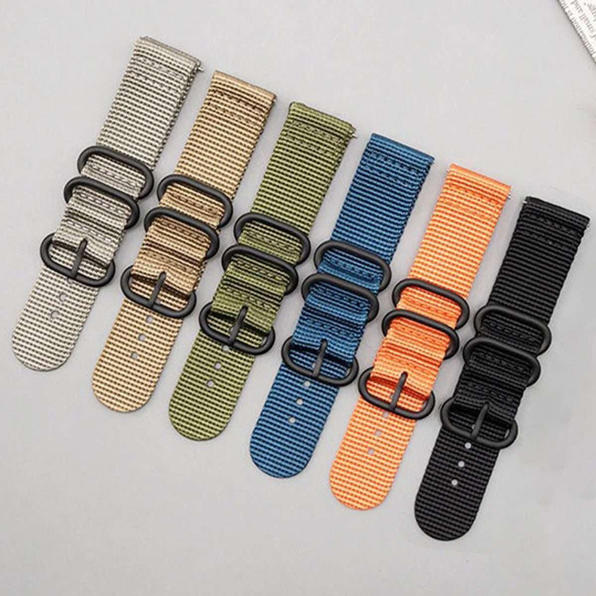 18mm Dual Ring Black Buckle Single Color Nylon Watch Band(Khaki)