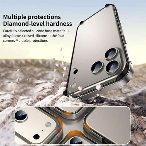 For iPhone 16 Pro Max Metal Hybrid Silicone Four-Corner Shockproof Cool ... (Black vinyl + Silver)