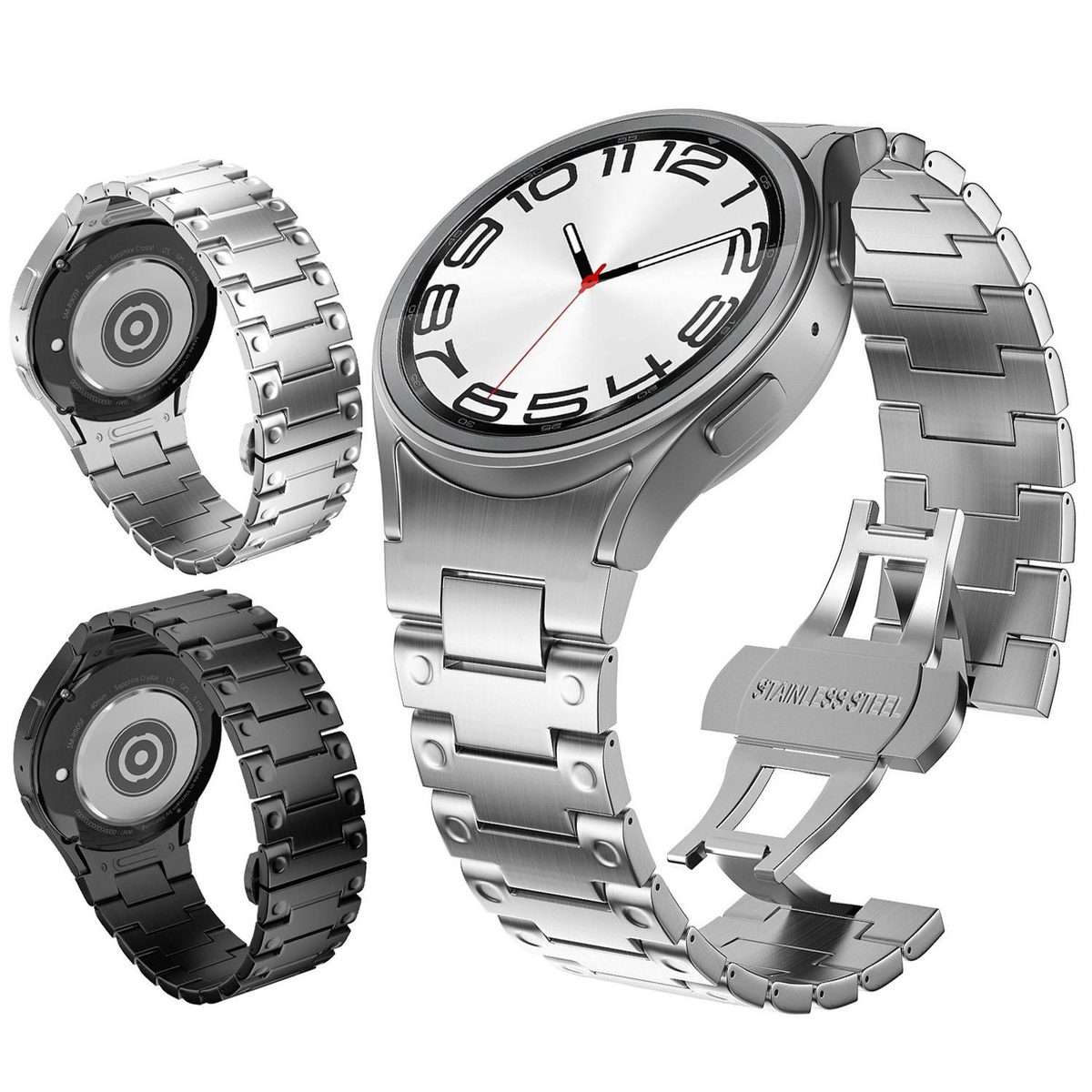 For Samsung Galaxy Watch FE / 7 / 6 / 5 / 4 Push Button Mechanical Style Butterfly Cl ... (Silver)