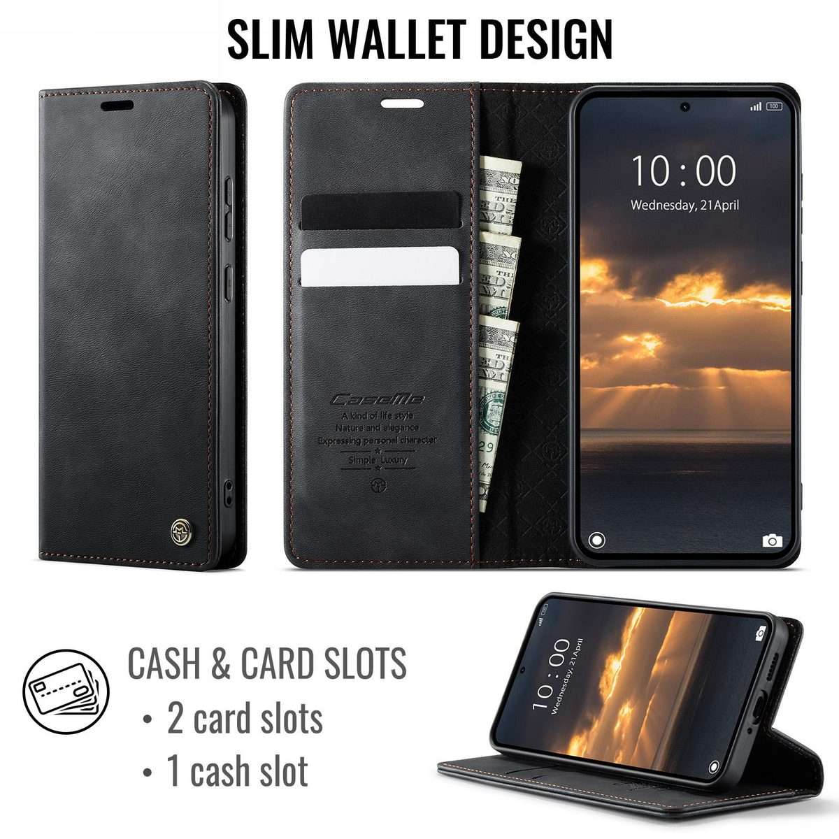 For Redmi Note 15 Pro+ 5G Global 163.3mm CaseMe 033 Calf Leather Lining Microfibre RFI ... (Black)