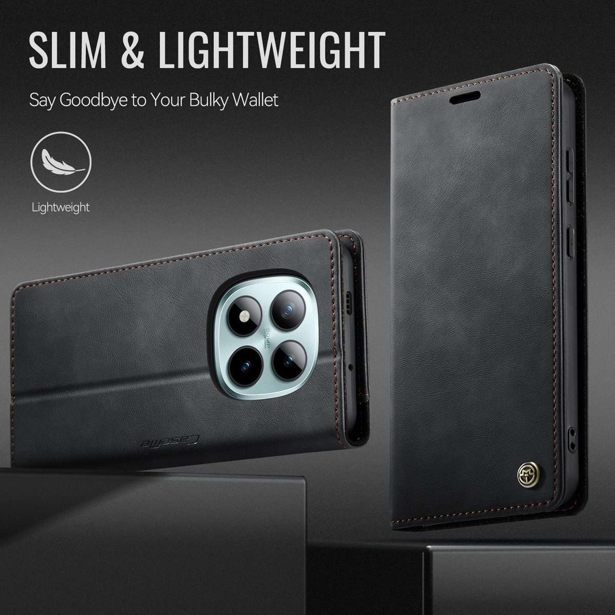 For Redmi Note 15 Pro+ 5G Global 163.3mm CaseMe 033 Calf Leather Lining Microfibre RFI ... (Black)