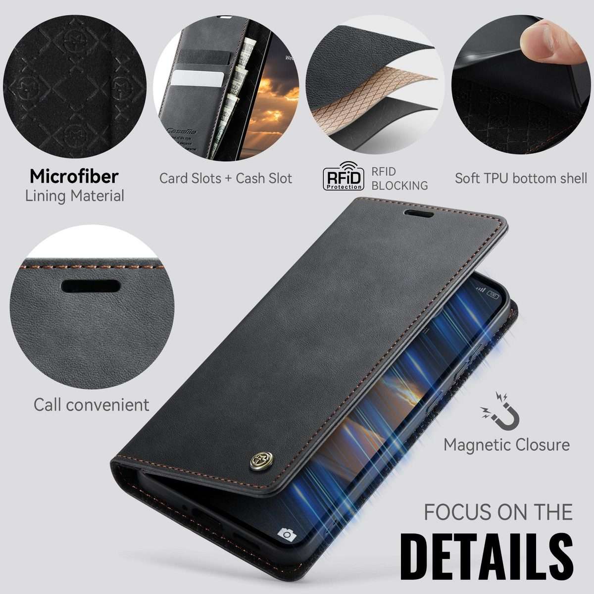For Redmi Note 15 Pro+ 5G Global 163.3mm CaseMe 033 Calf Leather Lining Microfibre RFI ... (Black)