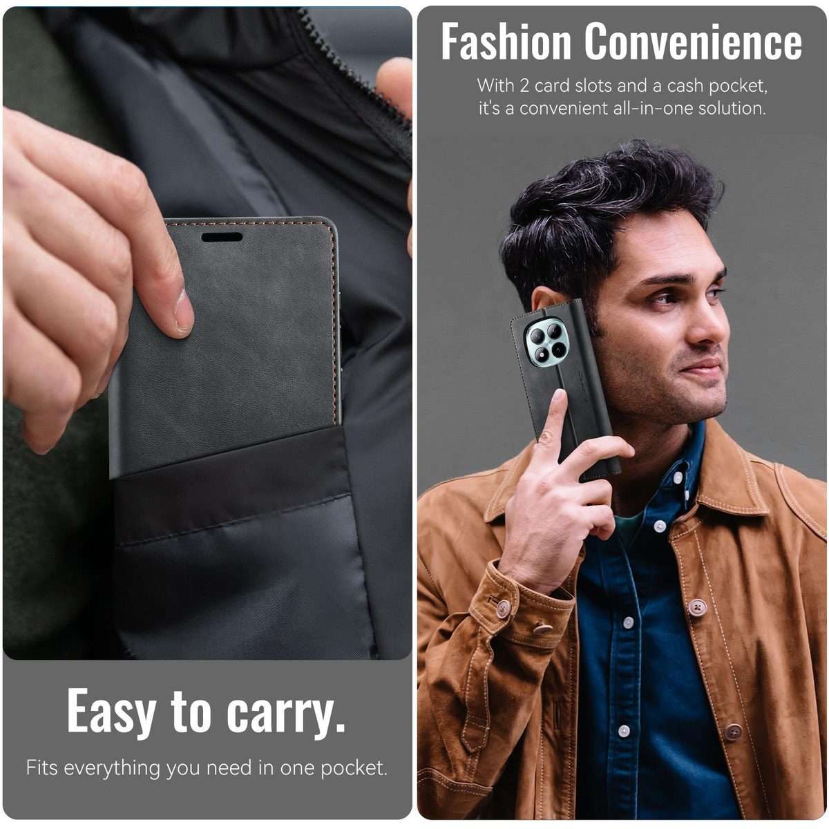 For Redmi Note 15 Pro+ 5G Global 163.3mm CaseMe 033 Calf Leather Lining Microfibre RFI ... (Black)
