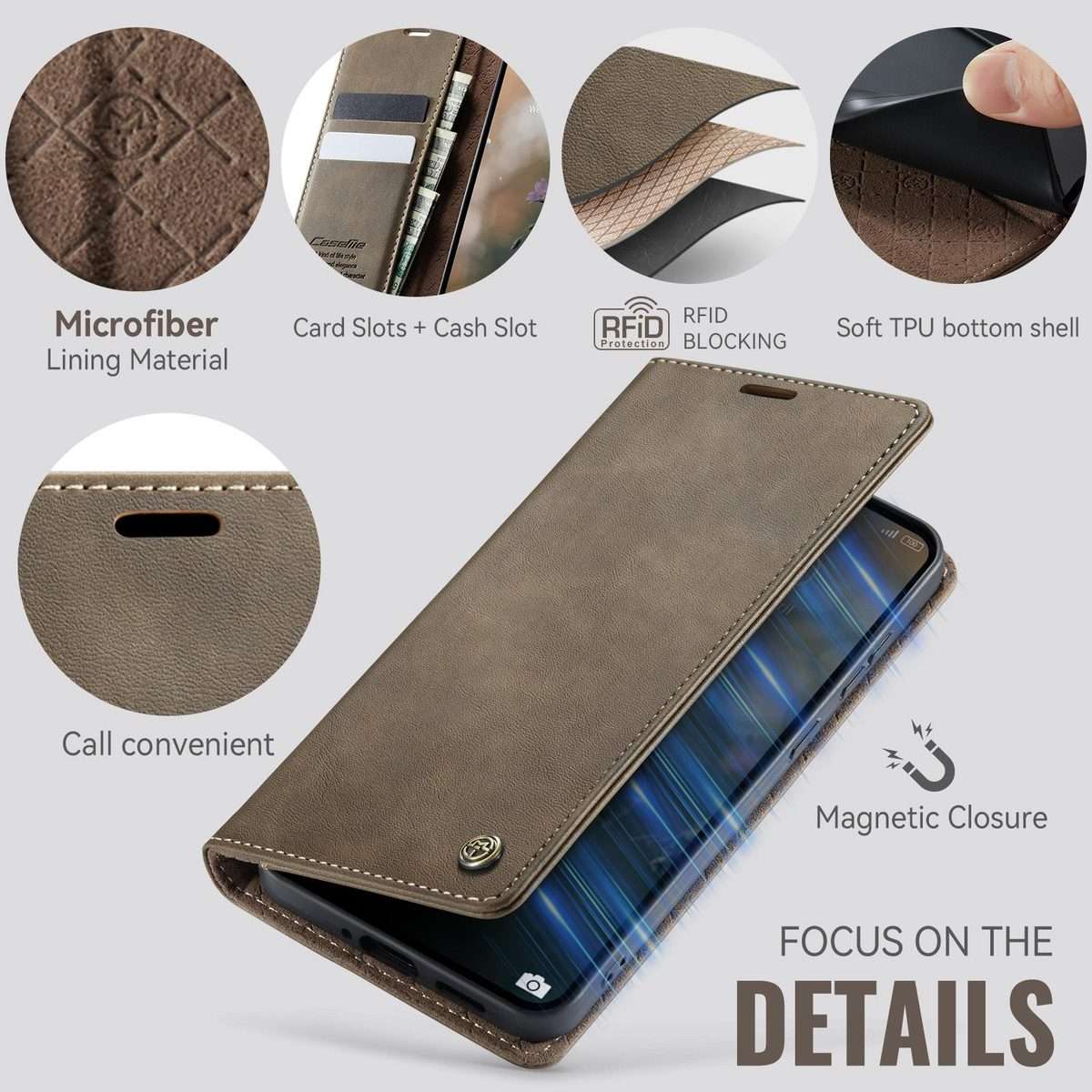 For Redmi Note 15 Pro+ 5G Global 163.3mm CaseMe 033 Calf Leather Lining Microfibre RF ... (Coffee)
