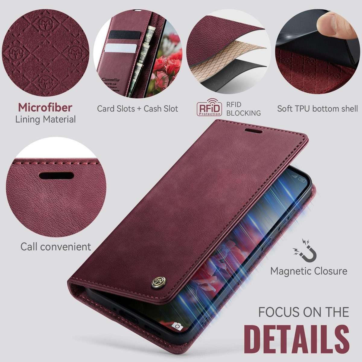 For Redmi Note 15 Pro+ 5G Global 163.3mm CaseMe 033 Calf Leather Lining Microfibre RFID ... (Red)