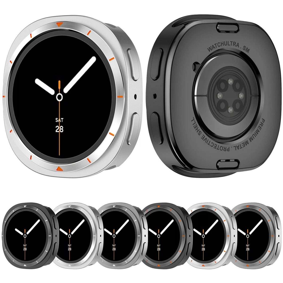 For Samsung Galaxy Watch8 44mm Metal Frame PC Back Cover Watch Pro ... (Silver Border Orange Text)