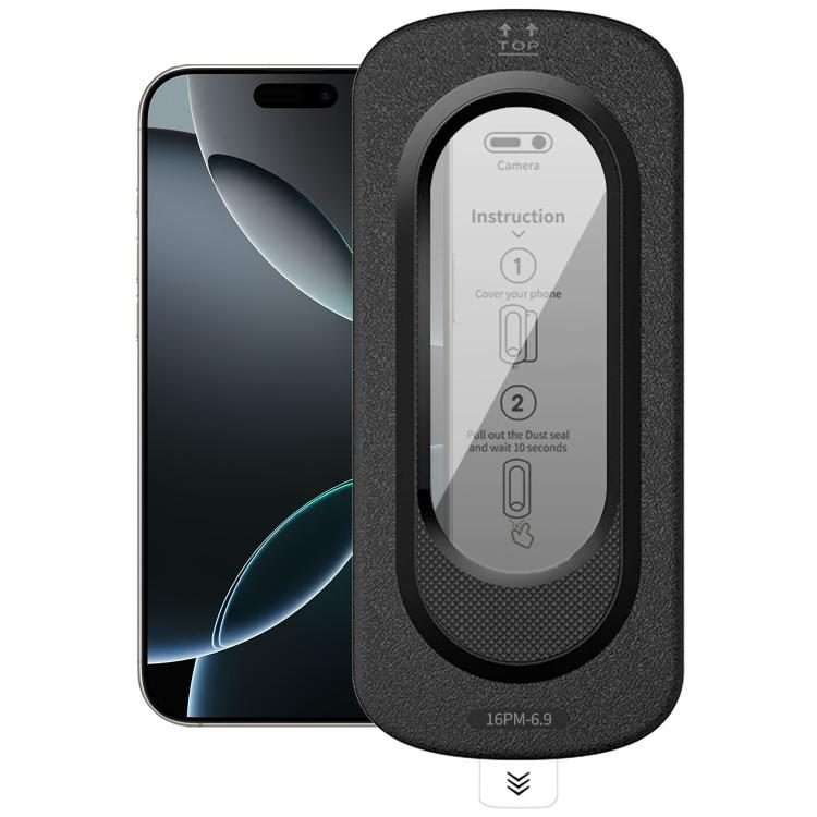 For iPhone 16 Pro Max Smooth Anti-Fingerprint Easy Install Dust-Free Box Privacy Tempered Glass Fi