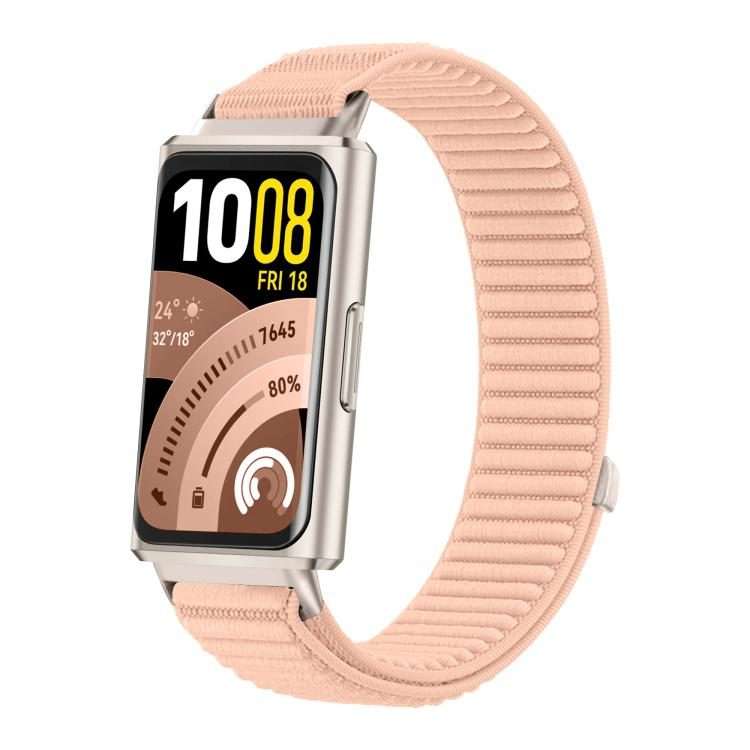 For Huawei Band 11 / Band 11 Pro Woven Nylon Hook And Loop Fastener Metal Interface Wat ... (Pink)