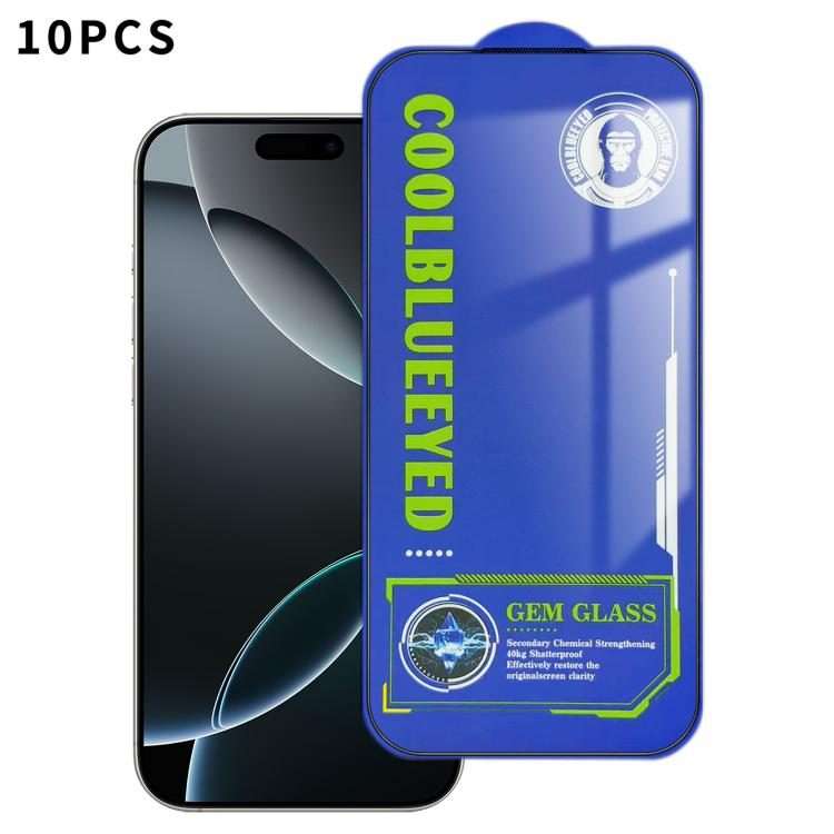 For iPhone 16 Pro Max 10pcs CoolBlueEyed Dustproof Mesh Anti-Static Silk Screen HD Tempered Glass
