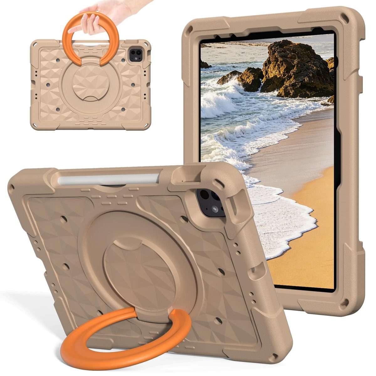 For iPad 2026 / 2025 / Air 11 2026 / 2025 Magic Ring Rotation Holder Shockproof ... (Khaki+Orang)