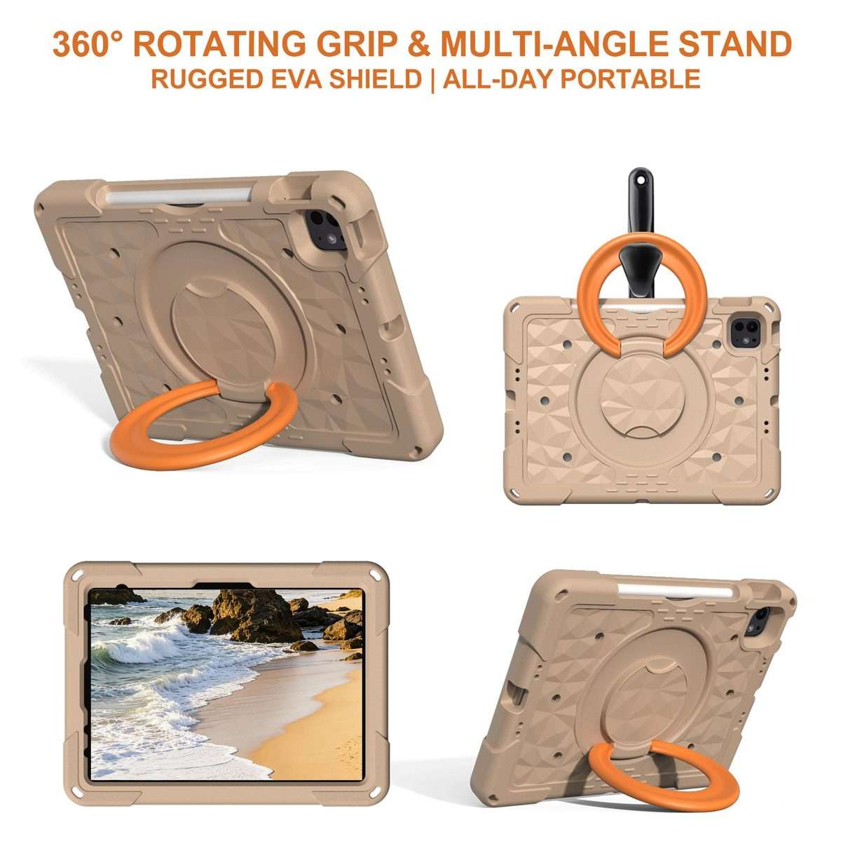 For iPad 2026 / 2025 / Air 11 2026 / 2025 Magic Ring Rotation Holder Shockproof ... (Khaki+Orang)