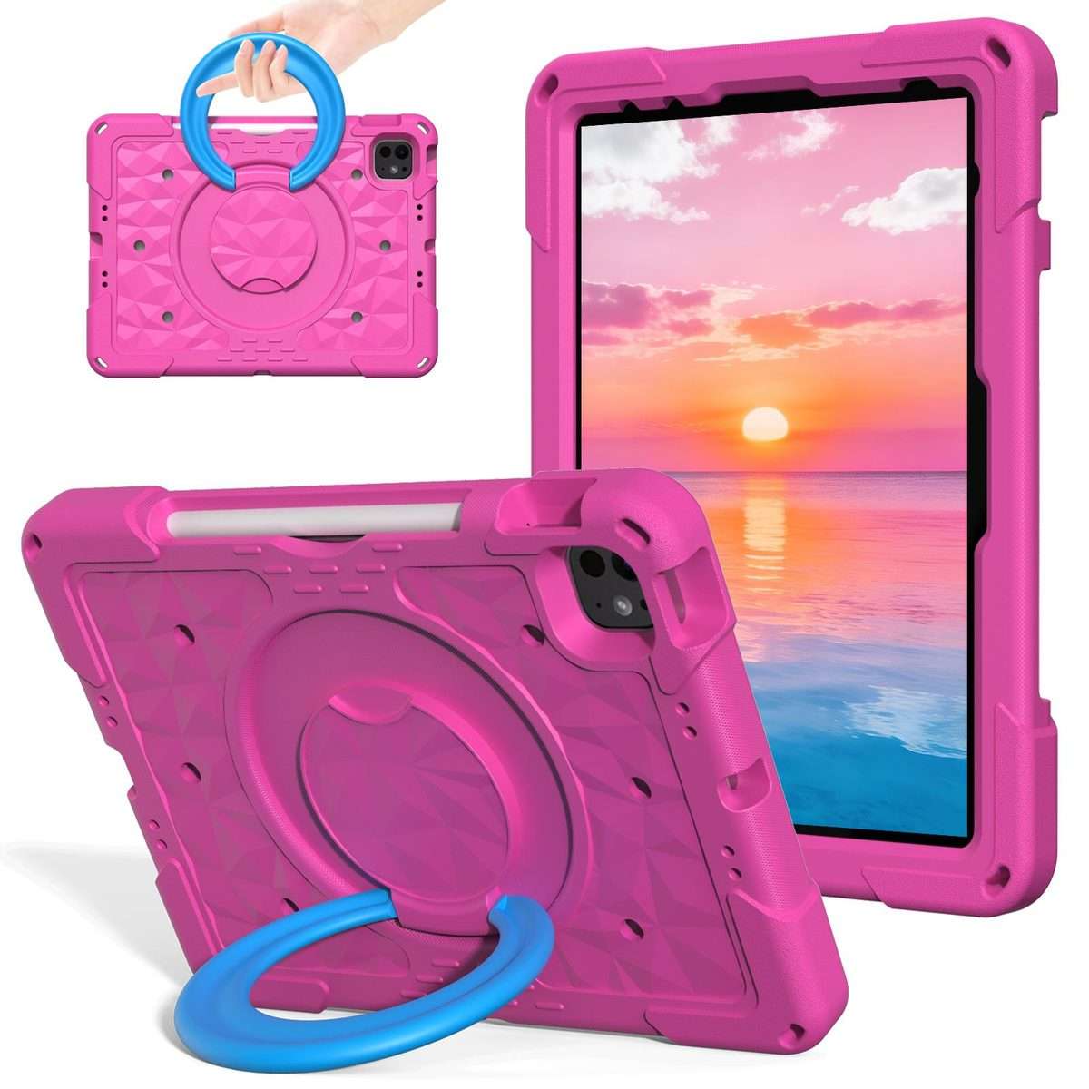 For iPad 2026 / 2025 / Air 11 2026 / 2025 Magic Ring Rotation Holder Shockproof ... (RoseRed+Blue)