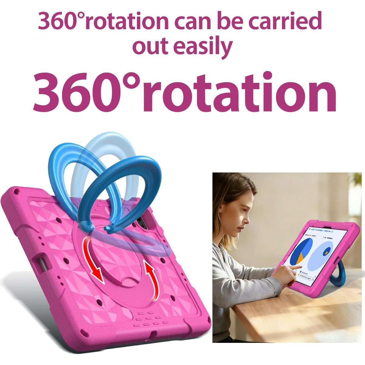 For iPad 2026 / 2025 / Air 11 2026 / 2025 Magic Ring Rotation Holder Shockproof ... (RoseRed+Blue)