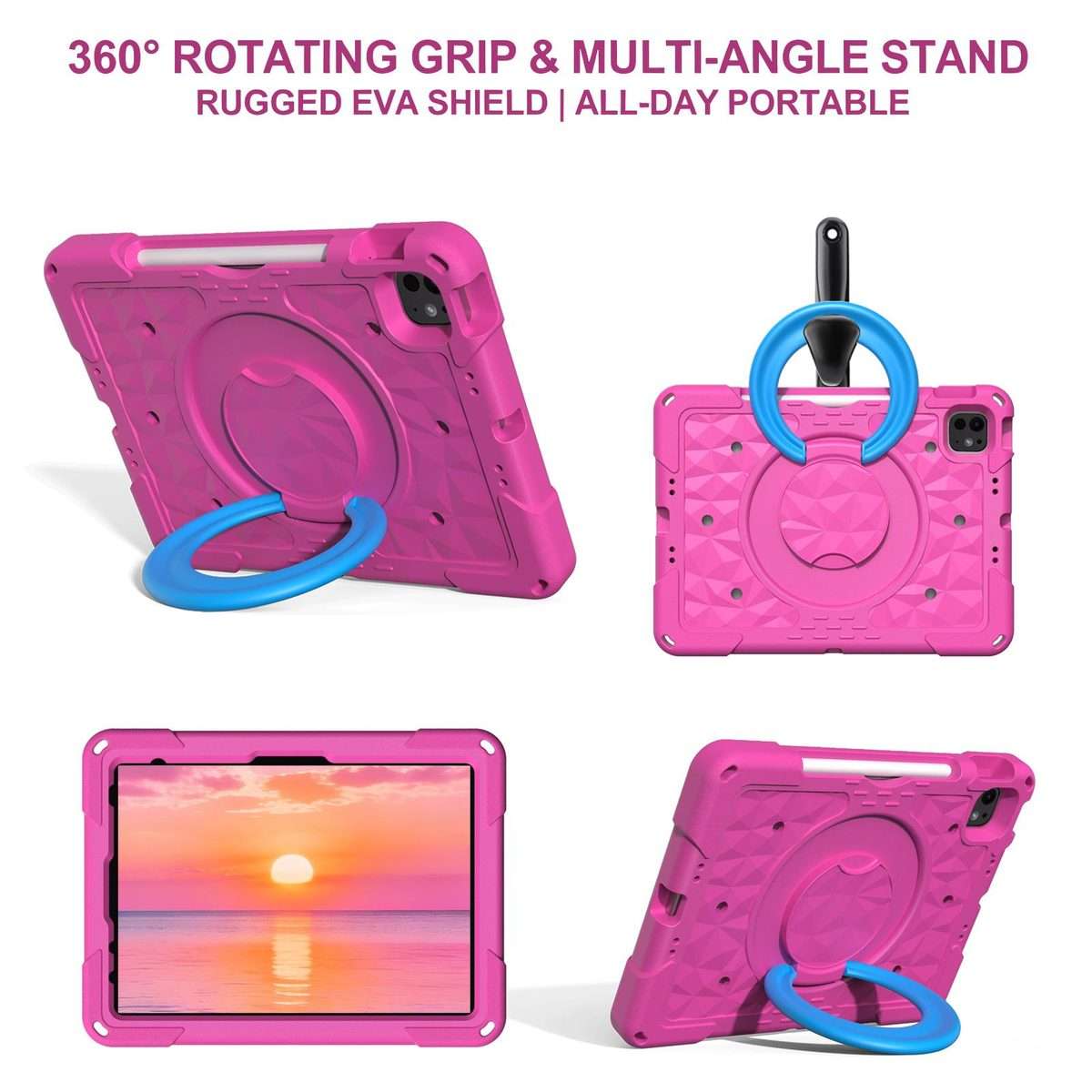 For iPad 2026 / 2025 / Air 11 2026 / 2025 Magic Ring Rotation Holder Shockproof ... (RoseRed+Blue)
