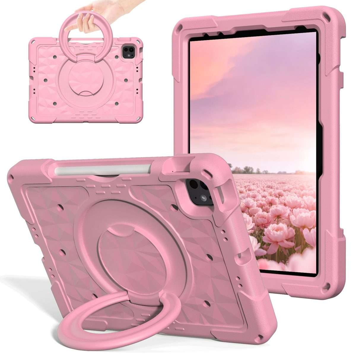 For iPad 2026 / 2025 / Air 11 2026 / 2025 Magic Ring Rotation Holder Shockproof Tablet ... (Pink)