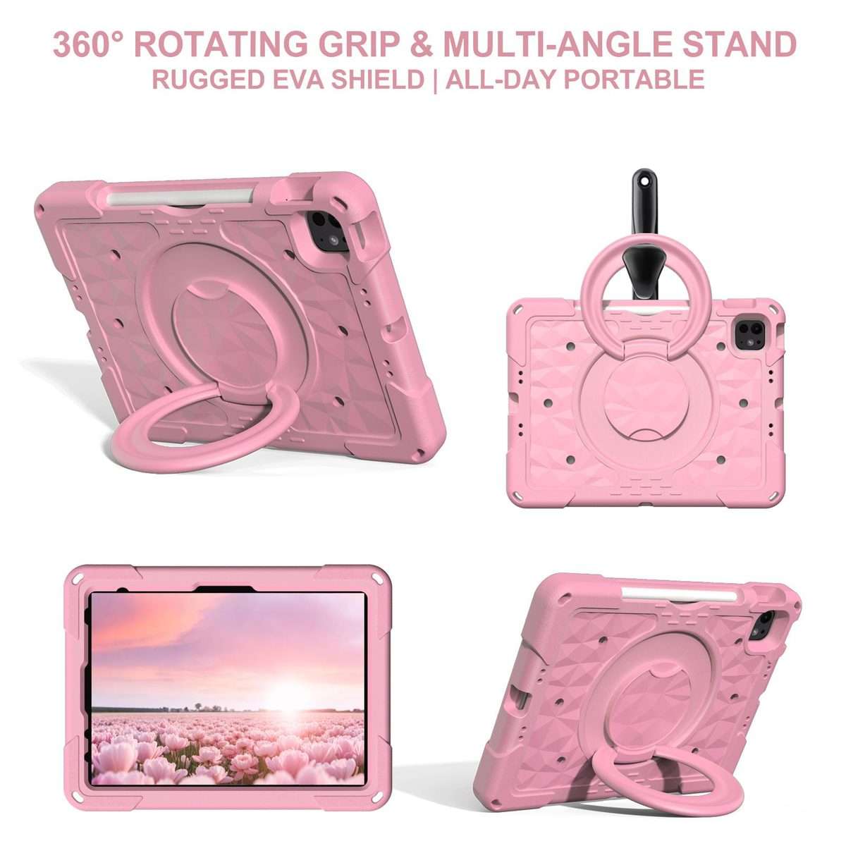 For iPad 2026 / 2025 / Air 11 2026 / 2025 Magic Ring Rotation Holder Shockproof Tablet ... (Pink)