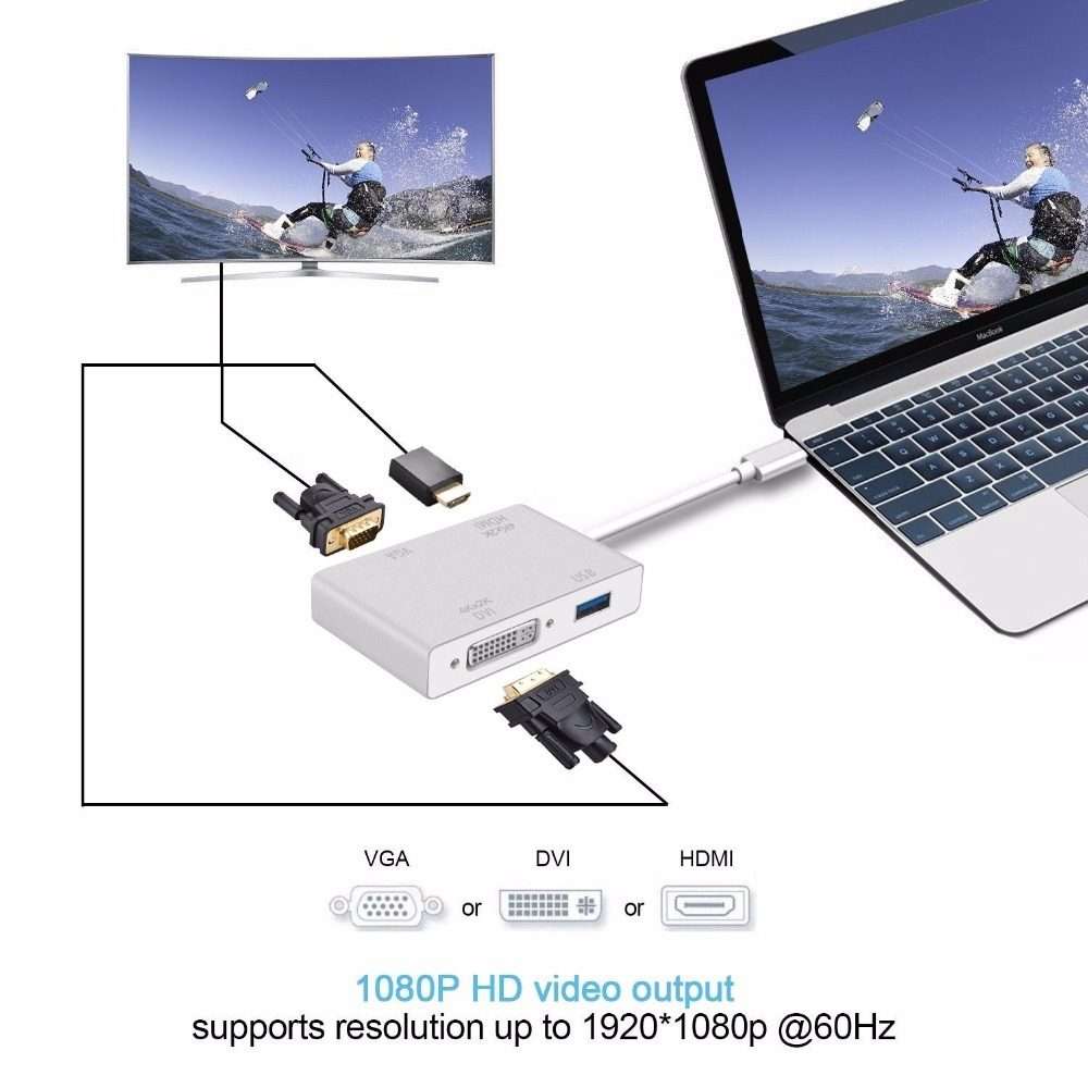 4 in 1 USB 3.1 USB C Type C to HDMI VGA DVI USB 3.0 Adapter Cable for Laptop Apple Macbook Google