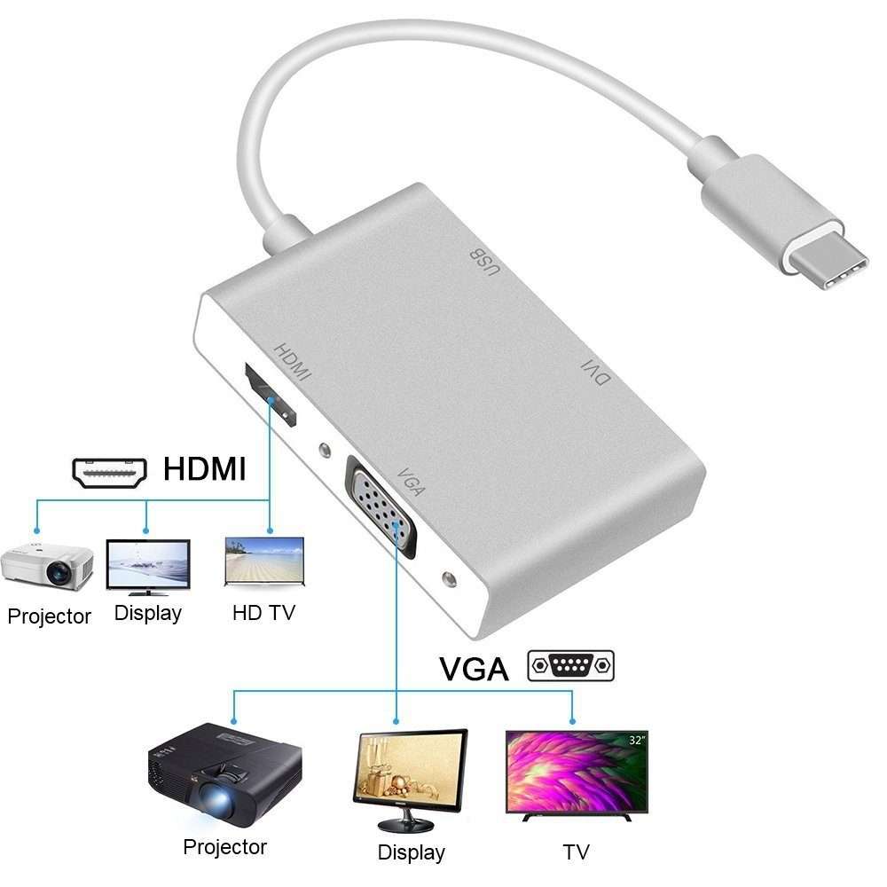4 in 1 USB 3.1 USB C Type C to HDMI VGA DVI USB 3.0 Adapter Cable for Laptop Apple Macbook Google