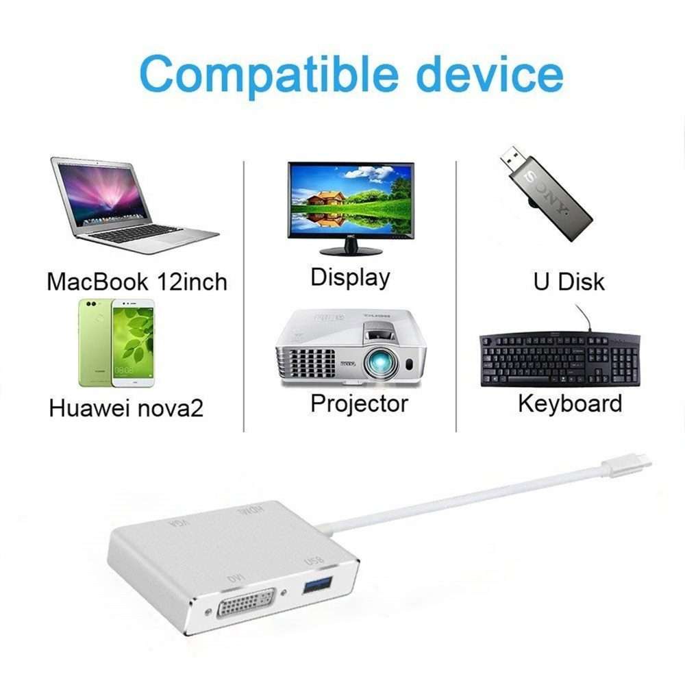 4 in 1 USB 3.1 USB C Type C to HDMI VGA DVI USB 3.0 Adapter Cable for Laptop Apple Macbook Google