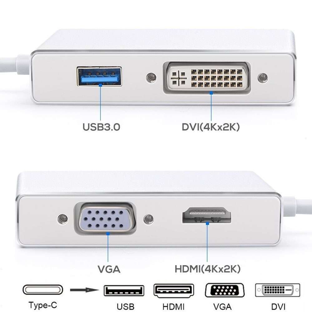 4 in 1 USB 3.1 USB C Type C to HDMI VGA DVI USB 3.0 Adapter Cable for Laptop Apple Macbook Google