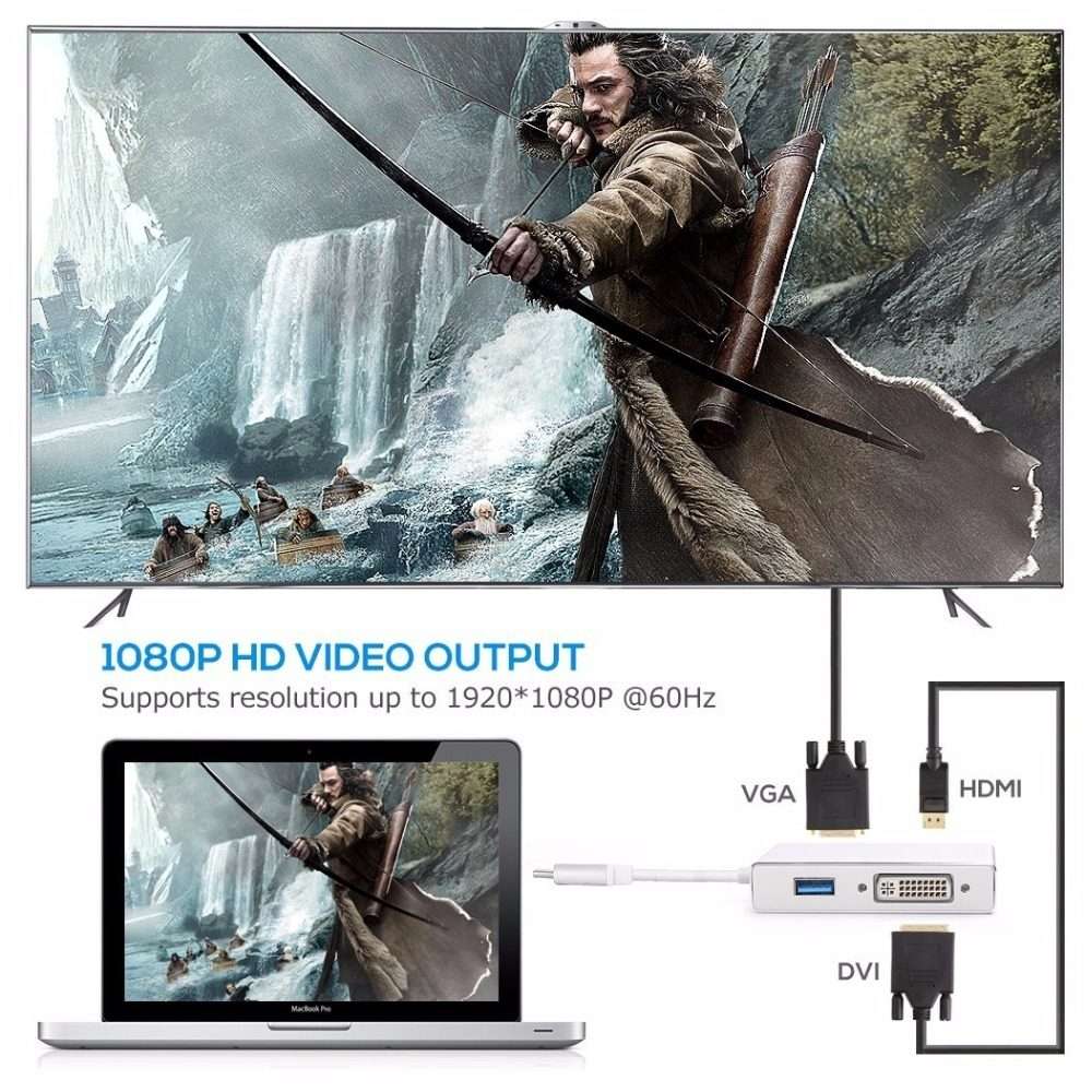 4 in 1 USB 3.1 USB C Type C to HDMI VGA DVI USB 3.0 Adapter Cable for Laptop Apple Macbook Google